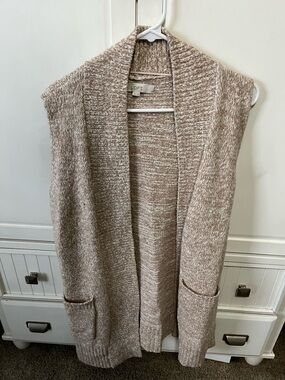 LOFT Taupe Marled Open-Front Knit Vest Cardigan